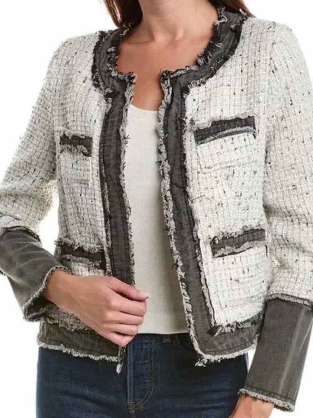 NWT Nanette Lepore Women’s Small Ivory/Black Tweed Denim Frayed Jacket